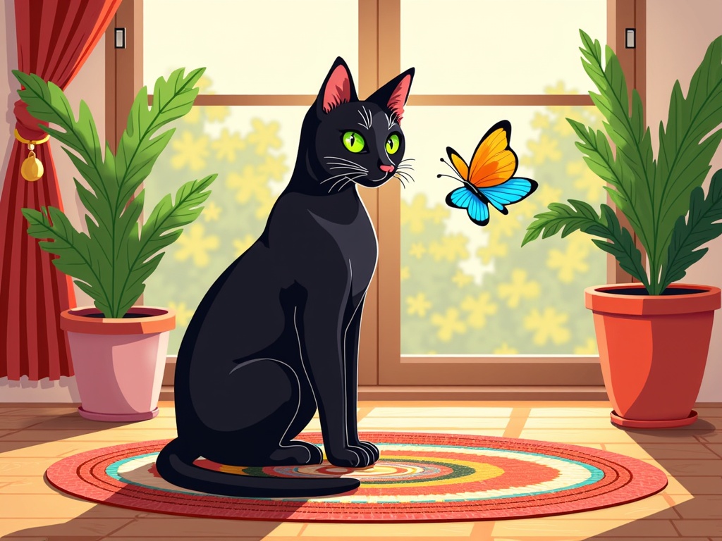  a black cat sitting on a colorful rug in front of a large window. The cat is facing towards the right side of the image and has a curious expression on its face. It has green eyes and pink ears. Next to the cat, there are two potted plants - one is a large green plant and the other is a smaller one. A blue and orange butterfly is flying in the air near the window. Through the window, we can see a view of yellow flowers and greenery outside. The floor is made of light-colored wood and there is a red curtain in the background.