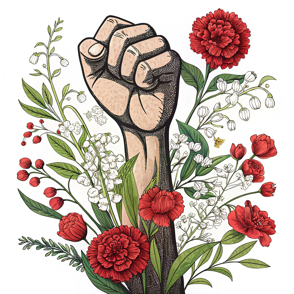 Floral Fist of Solidarity: A powerful raised fist, a classic symbol of protest, organically intertwined with blooming May Day flowers (e.g., red carnations or lilies of the valley), merging themes of resistance and natural growth/renewal.