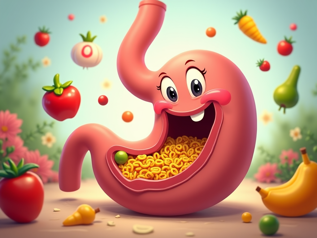 The image shows an animated cartoon stomach with a variety of fruits and vegetables coming out of it, including a banana, tomato, onion, carrot, and other vegetables, as well as flowers and plants in the background.