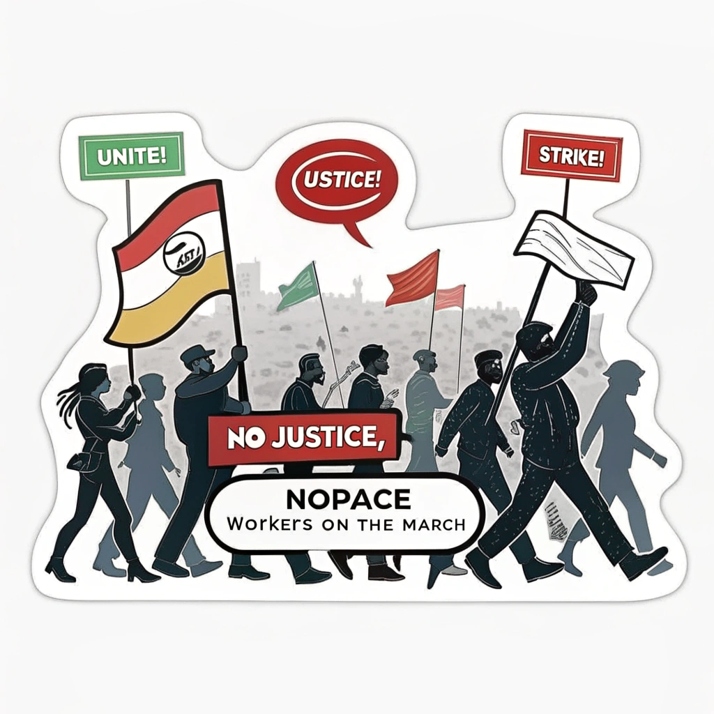 Design 4: The People's Voice - Illustration of a crowd of faceless workers marching, with speech bubbles above them containing parts of the slogan or calls to action like 'Unite!', 'Strike!', 'Justice!'. The main slogan 'No Justice, No Peace: Workers on the March' frames the scene.