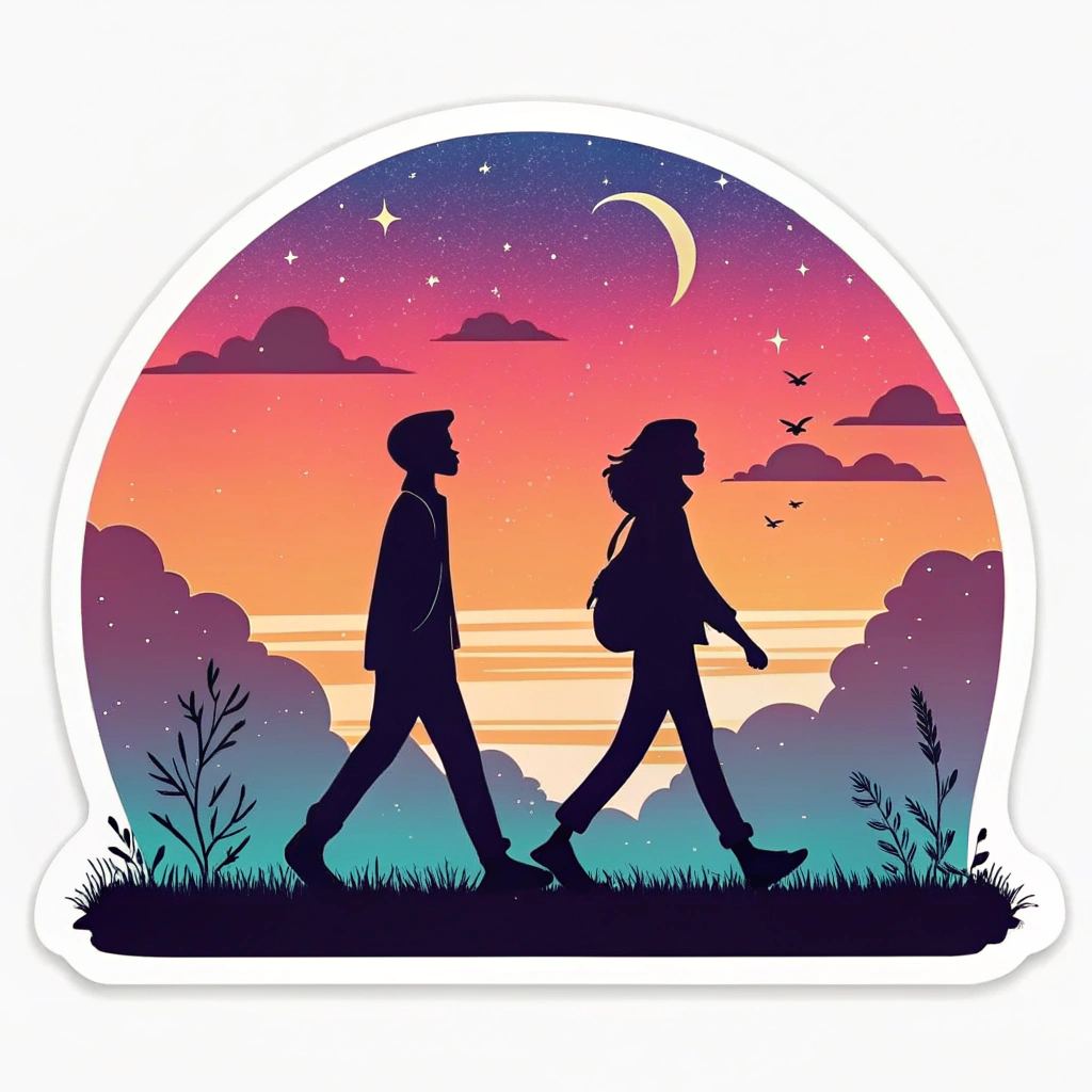 A sticker depicting two silhouetted figures walking side by side, with a romantic sunset gradient behind them.