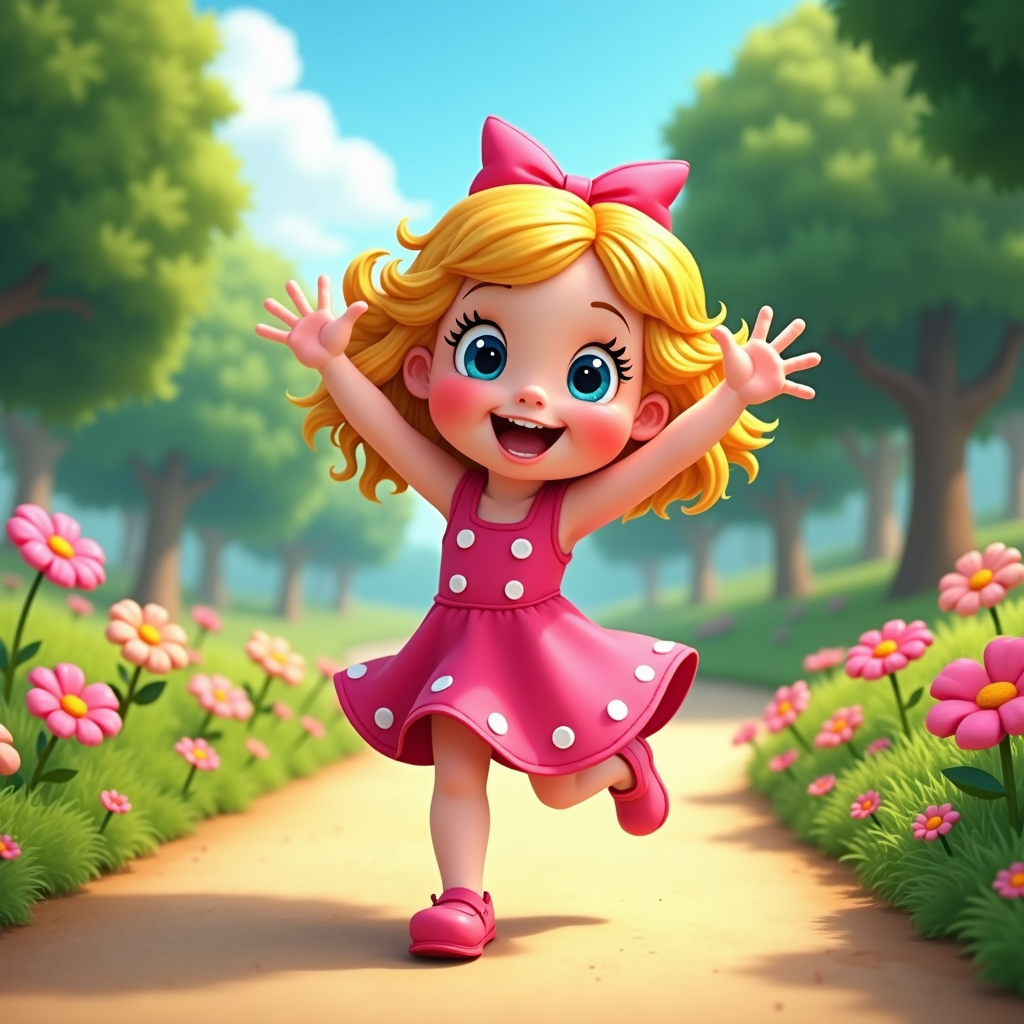 The image is a digital illustration of a cute little girl with blonde hair and blue eyes. She is wearing a pink dress with white polka dots and a pink bow on her head. She has a big smile on her face and her arms are stretched out to the sides, as if she is dancing or jumping in the air. The background is a garden with pink and orange flowers and green trees. The sky is blue with white clouds. The overall mood of the image is cheerful and playful.