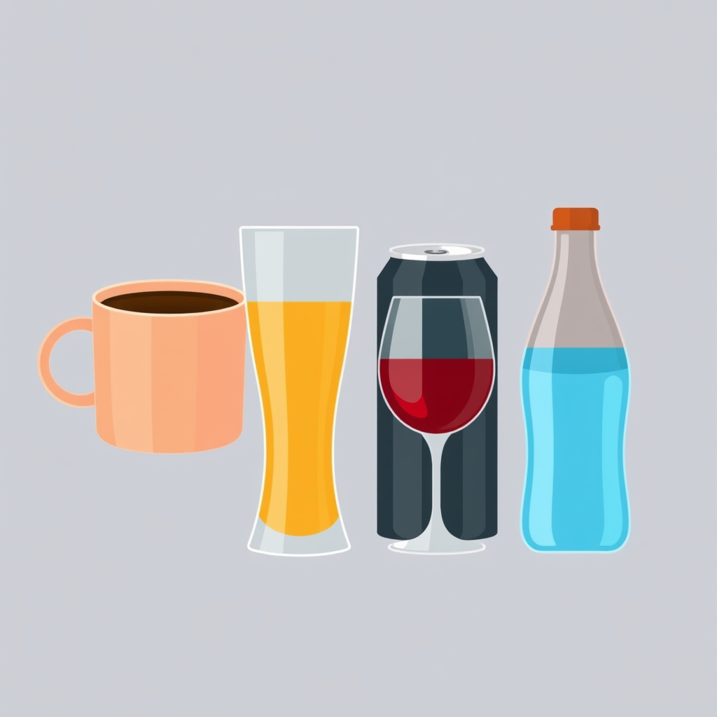 Sub-design idea 3: Develop icons showcasing different types of beverage containers in flat design – a coffee mug, a tall glass for juice, a soda can, a wine glass, and a water bottle, each filled with a representative color.