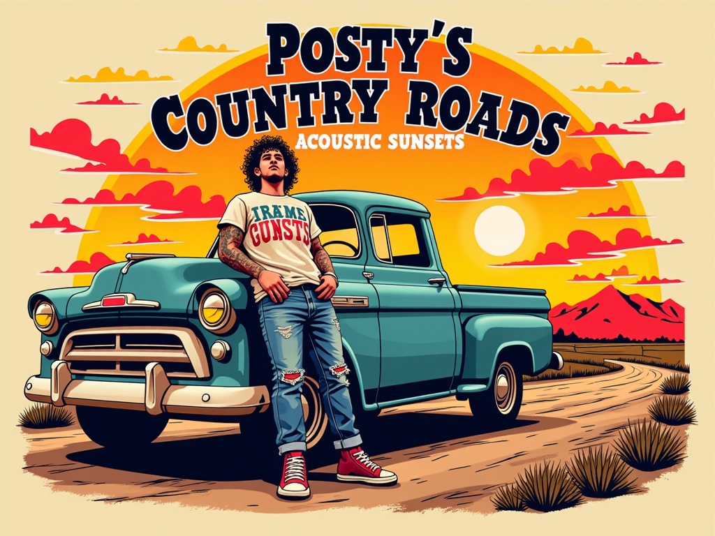 A vintage-style travel poster aesthetic. Illustration of Post Malone casually leaning against an old pickup truck on a dusty country road, with 'Posty's Country Roads' in bold, retro typography at the top, and 'Acoustic Sunsets' subtly integrated into the sunset landscape in the background.