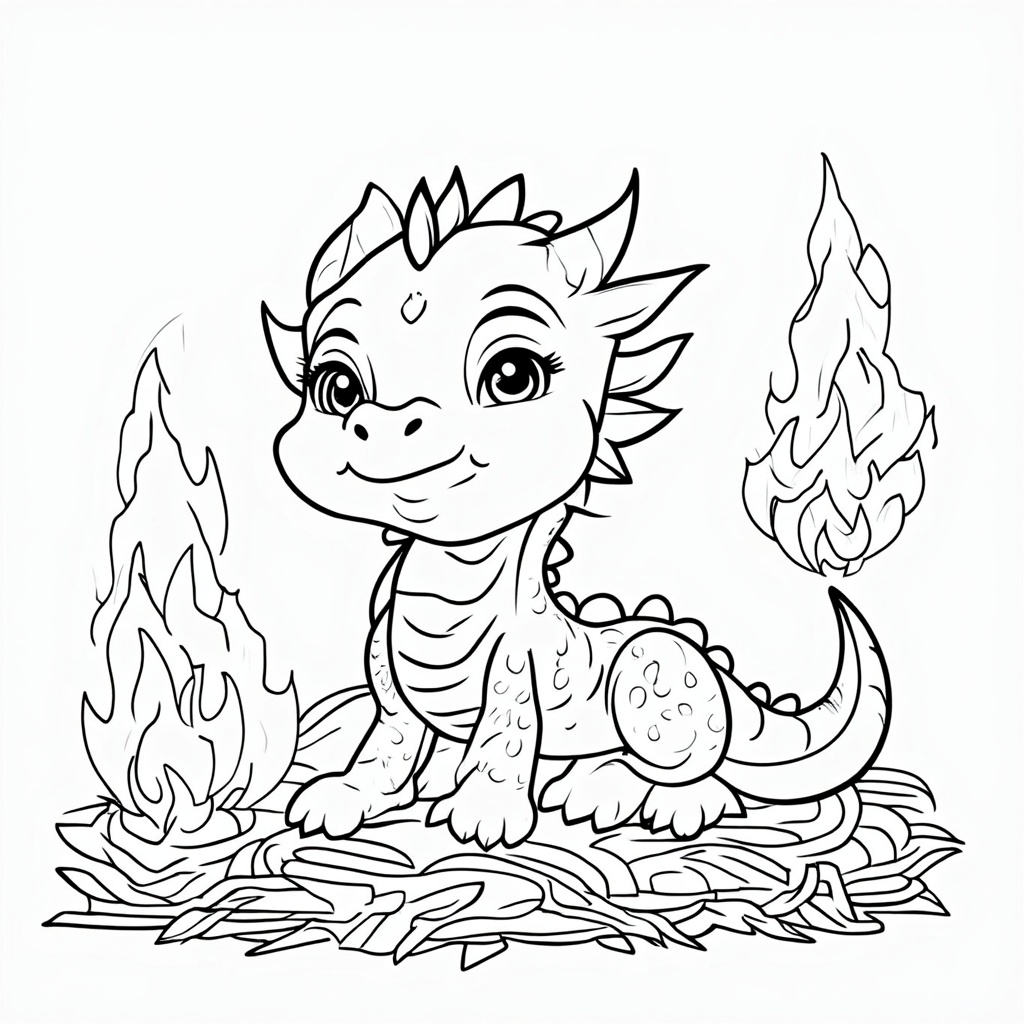 A young dragon learning to breathe fire, with small flames flickering harmlessly in front of it. The dragon's face is filled with concentration and a hint of surprise at its own budding powers, surrounded by piles of hay that remain unscathed.