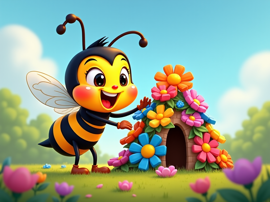 A cartoon bee enthusiastically building a flower fort, arranging petals meticulously with its tiny, agile fingers.