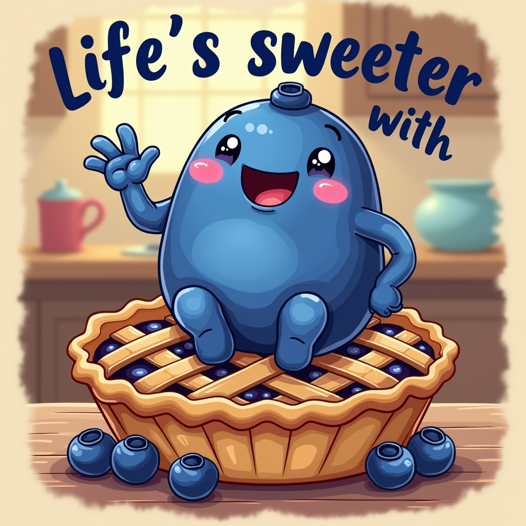A cheerful cartoon blueberry character sitting cross-legged on top of a whole, lattice-crust blueberry pie, perhaps waving. Text: 'Life's sweeter with blueberry pie.'