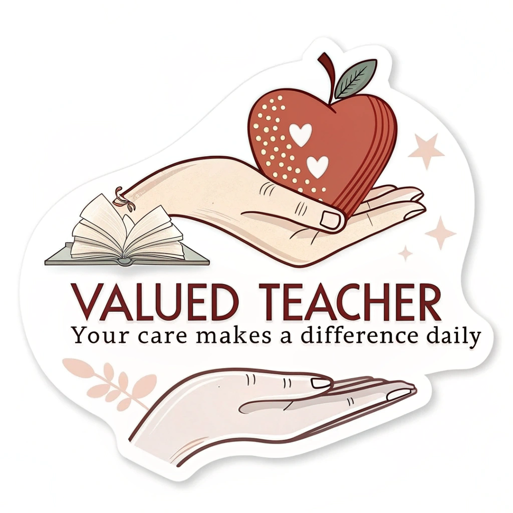 Heart & Hand: An illustration of a hand gently holding a heart, symbolizing care and dedication. The heart could have a subtle apple or book pattern. Text: 'Valued Teacher: Your Care Makes a Difference Daily.'