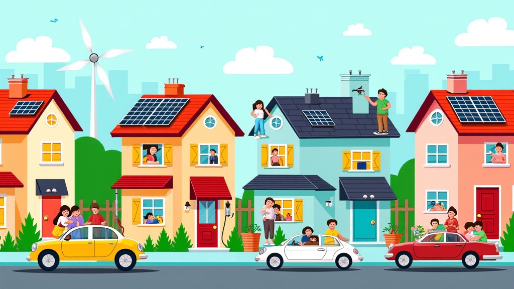 An illustration focusing on the individual and household level of renewable energy adoption: families in smart homes powered by rooftop solar, community gardens with small wind turbines, and electric vehicles charging from renewable sources, showcasing a decentralized energy future.