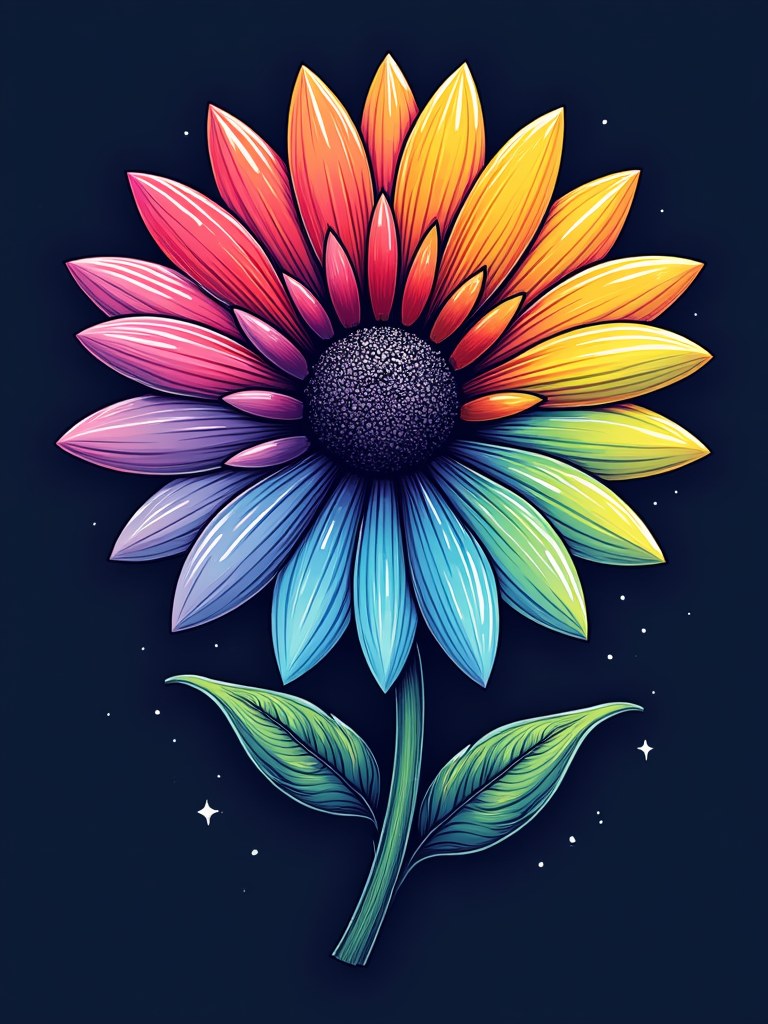 Daisy Sound Spectrum: An EDC daisy where each petal is formed by colored soundwave segments representing the music spectrum, with a subtle Basspod symbol at its core.