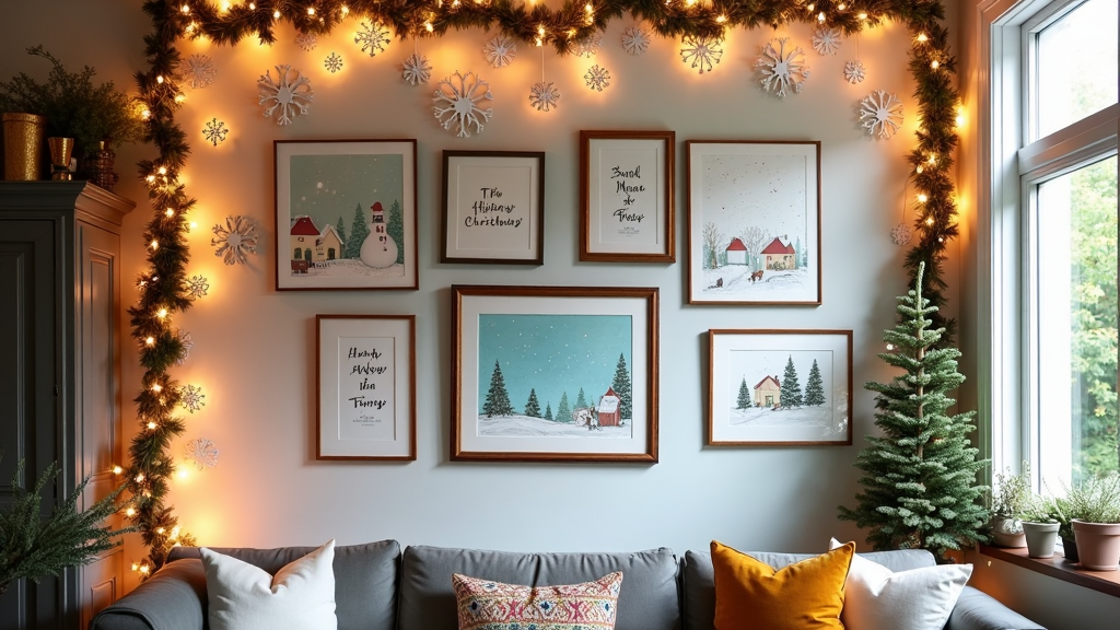 A whimsical holiday gallery wall featuring framed Christmas quotes, hand-drawn, festive artwork, and garlands of paper snowflakes, offering a warm artistic touch to the home's holiday decoration.