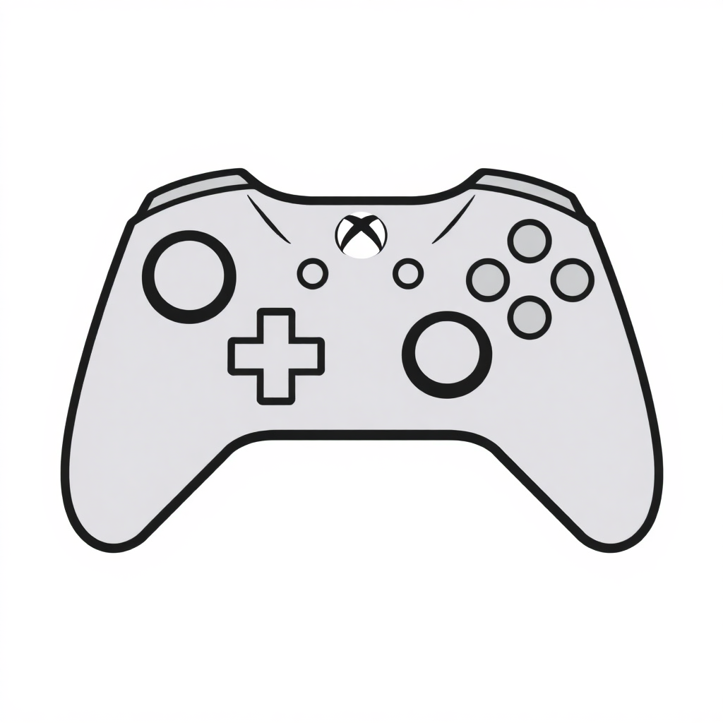 The image is a black and white line drawing of a video game controller. The controller has a rectangular shape with four buttons on the top, two on each side, and a plus sign in the center. The buttons are arranged in a circular pattern, with two on the left side and two in the middle. The plus sign is a plus symbol, which is a symbol for the Xbox logo. The overall design of the controller is simple and minimalistic.