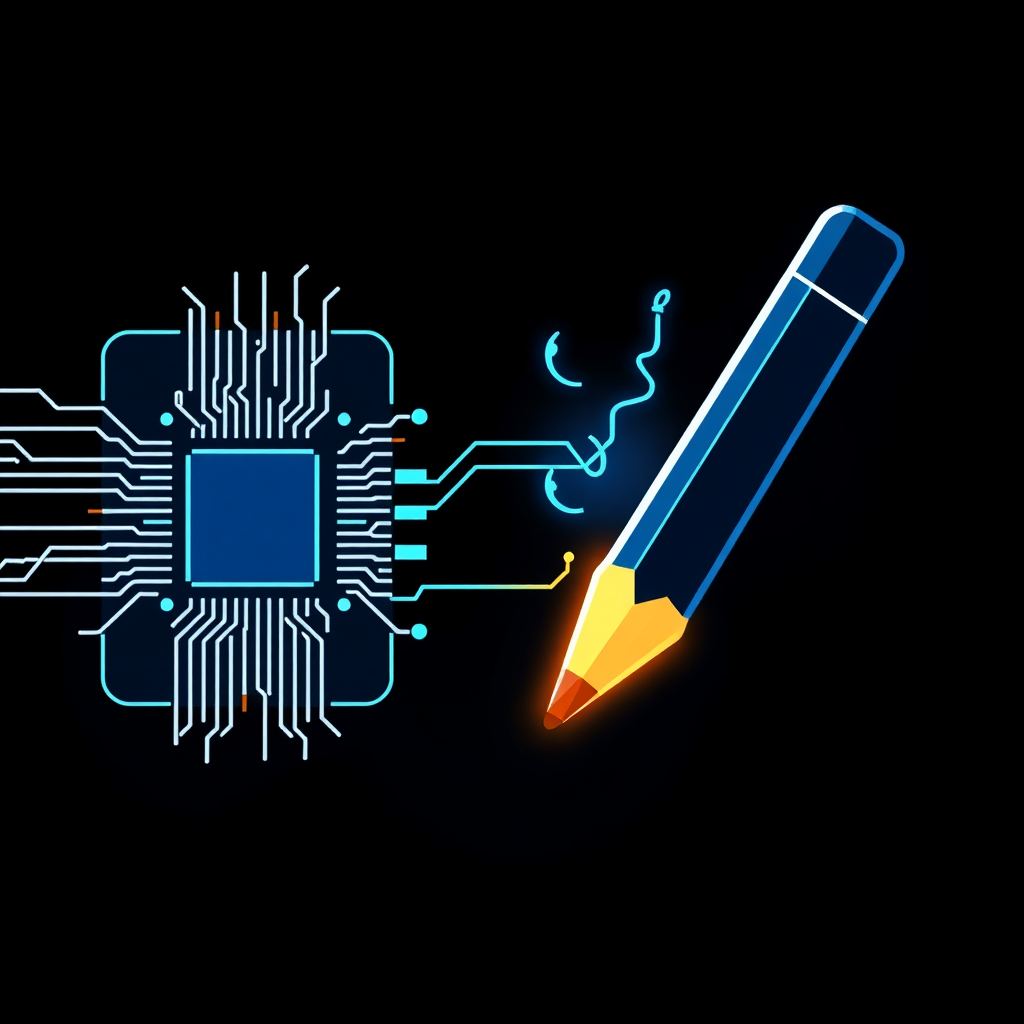A visual of a computer chip or circuit lines on one side directly connected to an artist's tool (like a pencil, brush, or stylus) on the other, with energy or data flowing between them, symbolizing direct creation from code.