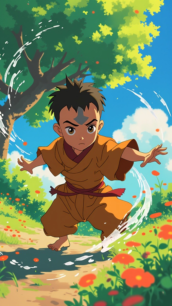 A vibrant illustration showcasing Aang, the young Avatar, masterfully bending air with a concentrated look amid a lush, idyllic landscape, emblematic of his journey's beginning.