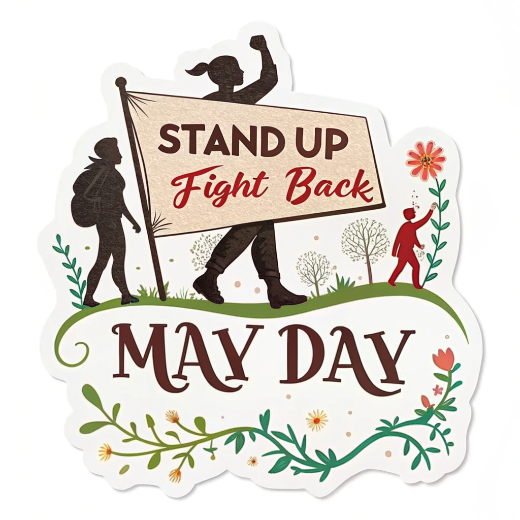 Sub-design Idea 4: Spring/Floral Protest Fusion. Combine a protest sign silhouette (with 'Stand Up, Fight Back') with subtle May Day spring elements like small flowers or vines around the signpost. 'May Day' text styled with a touch of spring. Color scheme: Earthy tones with a bright accent, or traditional red/black with green.