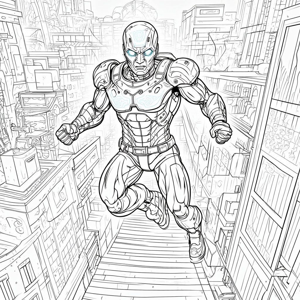 A futuristic superhero flying through a neon-lit cyberpunk city, with advanced technology enhancing their flight.