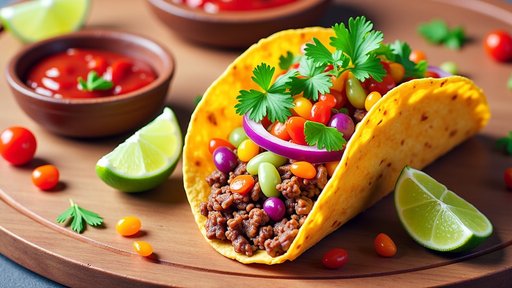  a taco on a wooden plate. The taco is filled with ground beef, colorful beans, and a purple onion. There are also two lime wedges on the plate. On the left side of the plate, there is a small bowl of red salsa. The plate is garnished with fresh cilantro. The background is blurred, but it appears to be a kitchen countertop.