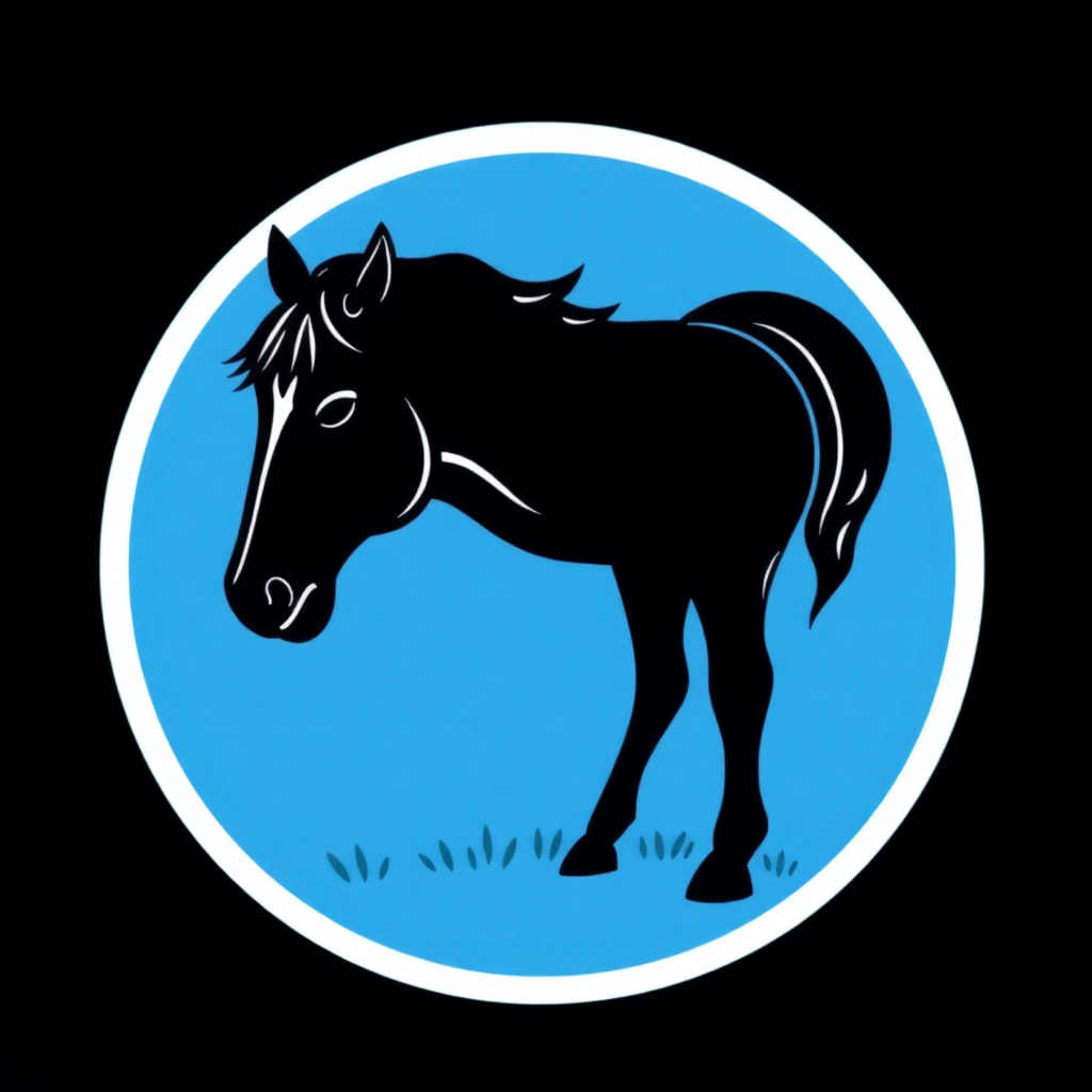 The image is a circular logo with a blue background. In the center of the circle, there is a black silhouette of a horse standing on a grassy field. The horse is facing towards the left side of the image and its head is turned slightly to the right. Its mane and tail are flowing in the wind. The overall design is simple and minimalistic.