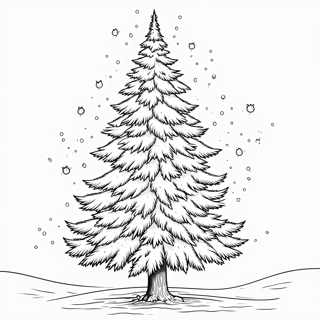 The image is a black and white line drawing of a Christmas tree. The tree is tall and slender with a pointed top and a conical trunk. It is covered in a thick layer of snow, giving it a frosty appearance. The branches of the tree are thin and fluffy, and the trunk is straight and sturdy. The background is plain white, making the tree the focal point of the image. There are small dots scattered around the tree, adding to the wintery feel.