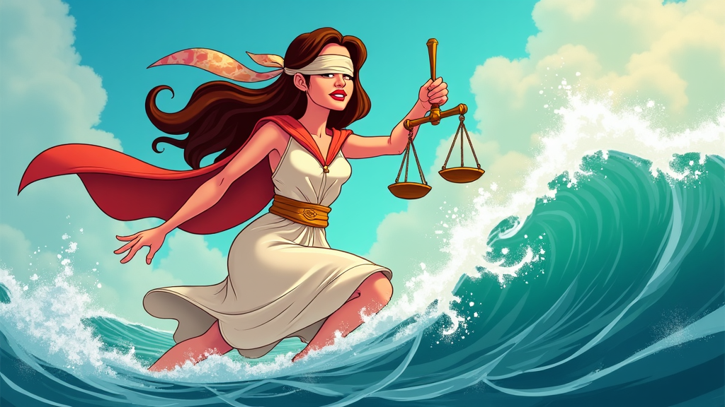 Cartoon of Lady Justice in an ocean setting, riding waves while holding her scales. Her blindfold is depicted as a sailor's bandana, symbolizing the navigation through turbulent ethical waters.