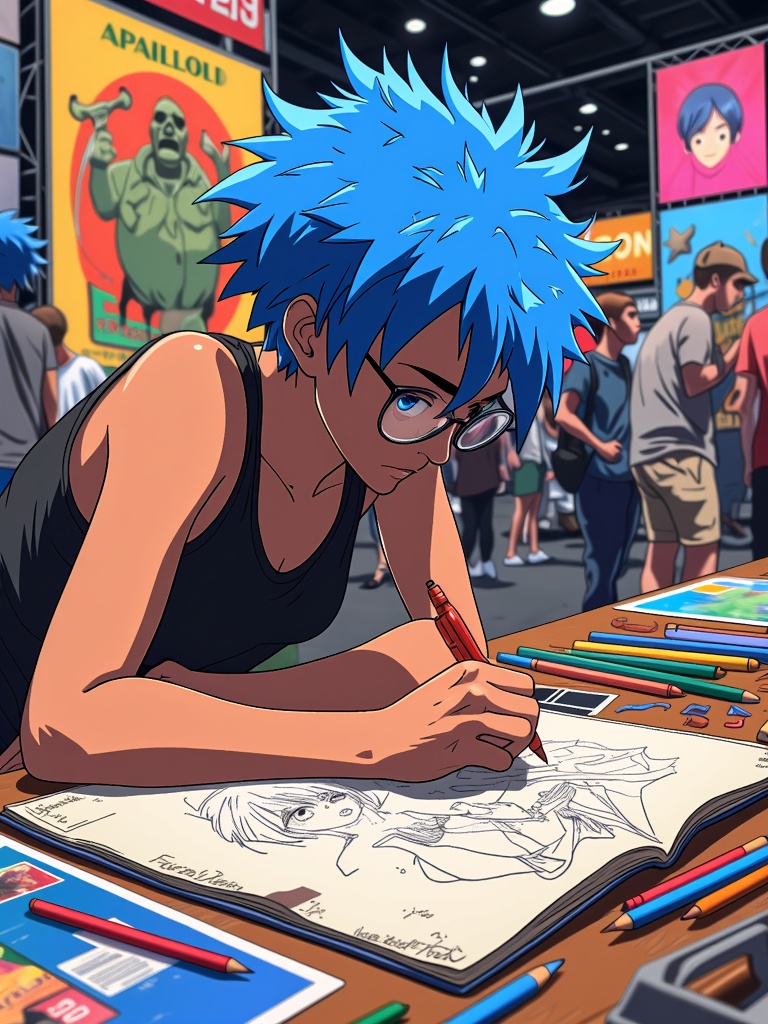 An artist captured in a moment of intense focus at their MomoCon Artist Alley table, with the vibrant image of their original anime character muse materializing from their sketchbook.