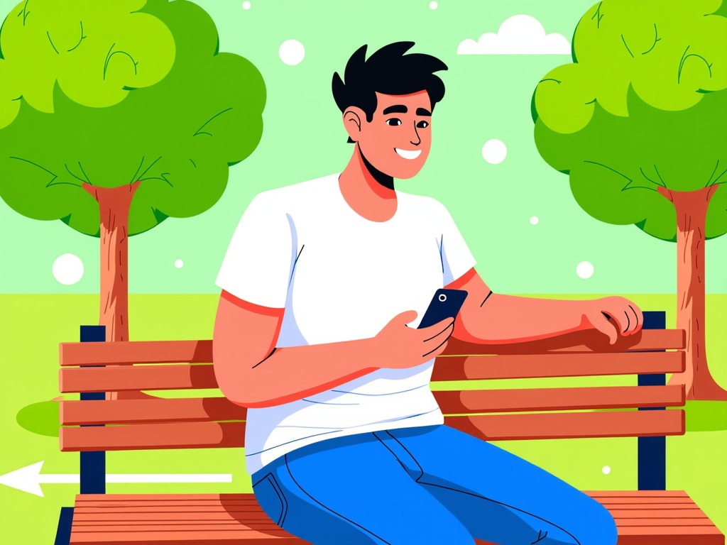  a young man sitting on a wooden bench in a park. He is wearing a white t-shirt and blue jeans and is holding a black smartphone in his hands. He has a big smile on his face and appears to be engaged in a conversation. The background of the image is a green park with trees and a blue sky with white clouds. There is an arrow pointing to the right side of the bench. The overall style of the illustration is flat and cartoon-like.