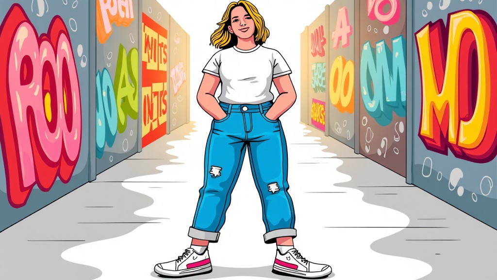  a young woman standing in front of a wall covered in colorful graffiti. She is wearing a white t-shirt, blue jeans, and white sneakers. Her blonde hair is styled in loose waves and she is smiling at the camera. The graffiti on the wall behind her is in various colors, including red, yellow, green, blue, and pink. The floor is made of concrete and there is a puddle of water on the ground. The overall style of the image is cartoon-like.