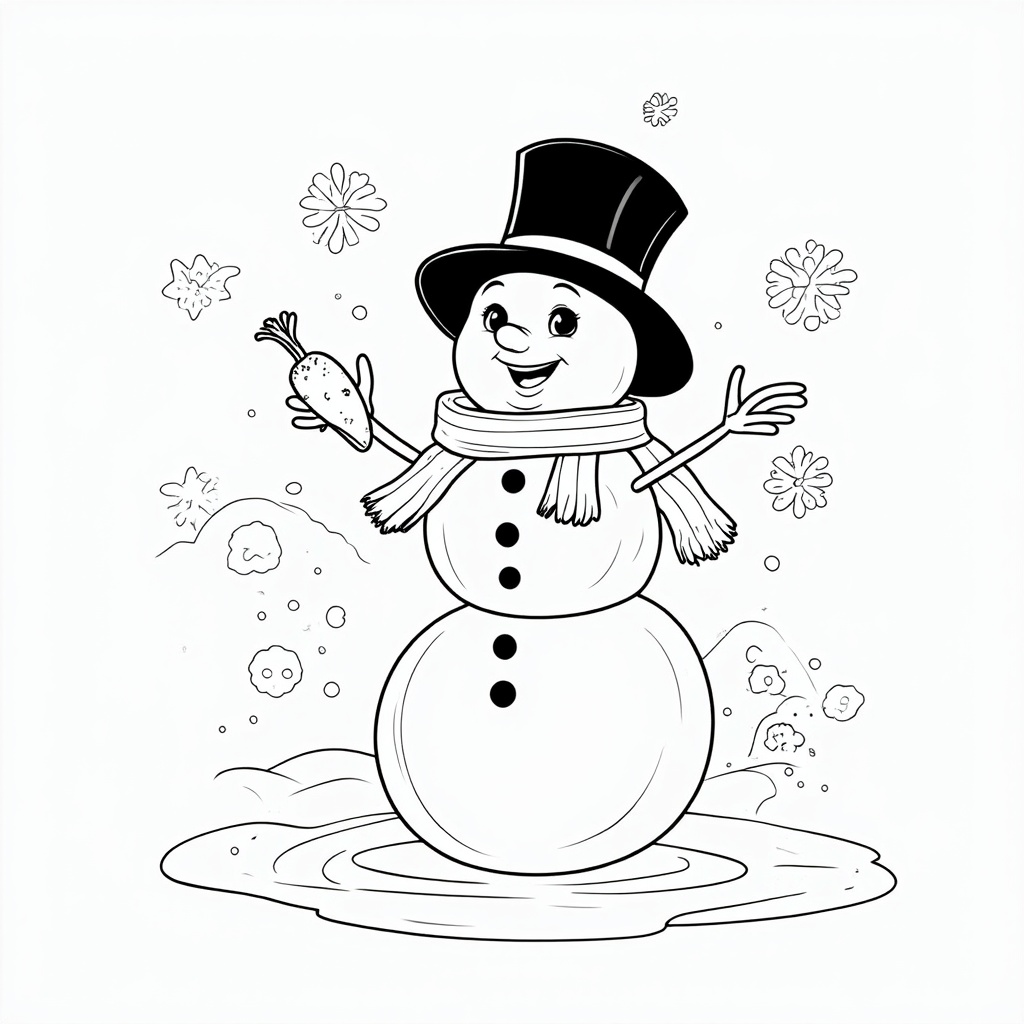 The image shows a snowman with a top hat and scarf, holding a carrot in one hand and a stick in the other. The snowman is surrounded by a wintery landscape with snowflakes falling from the sky and a few trees in the background. The colors are bright and cheerful, making it a perfect coloring page for kids to enjoy.