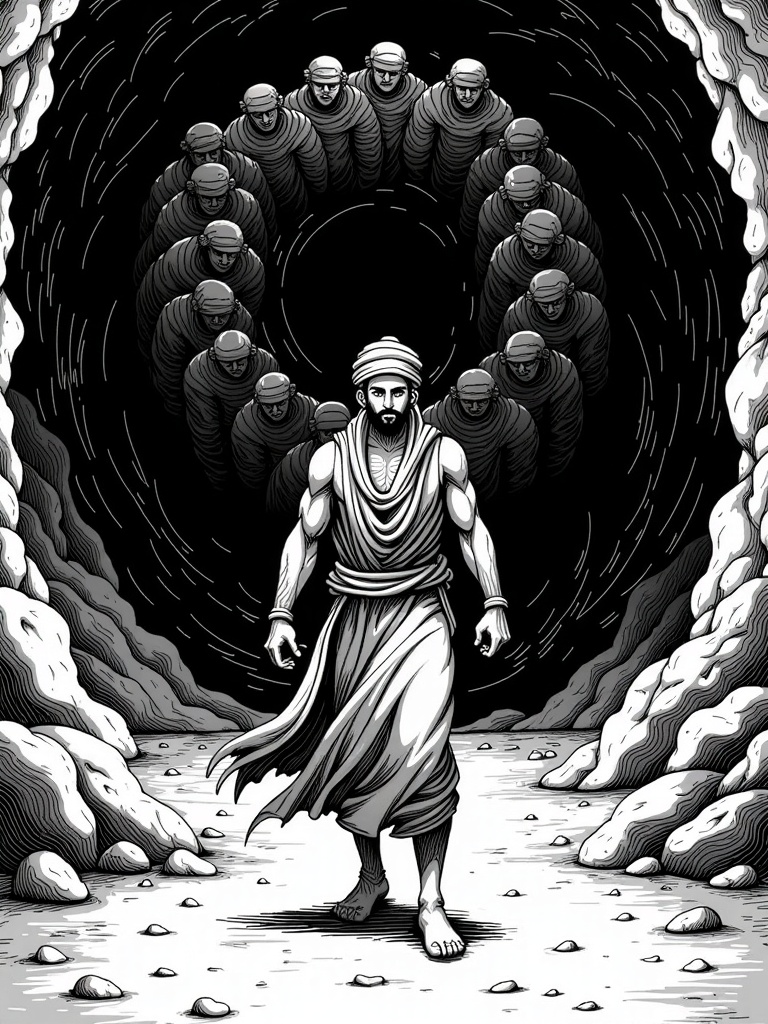 A stylized, symbolic illustration where Ali Baba is depicted as a lone, cunning figure facing a larger, more abstract representation of the Forty Thieves, possibly incorporated into the cave's rock face or as a swirling dark mass, highlighting the theme of wit versus brute force.