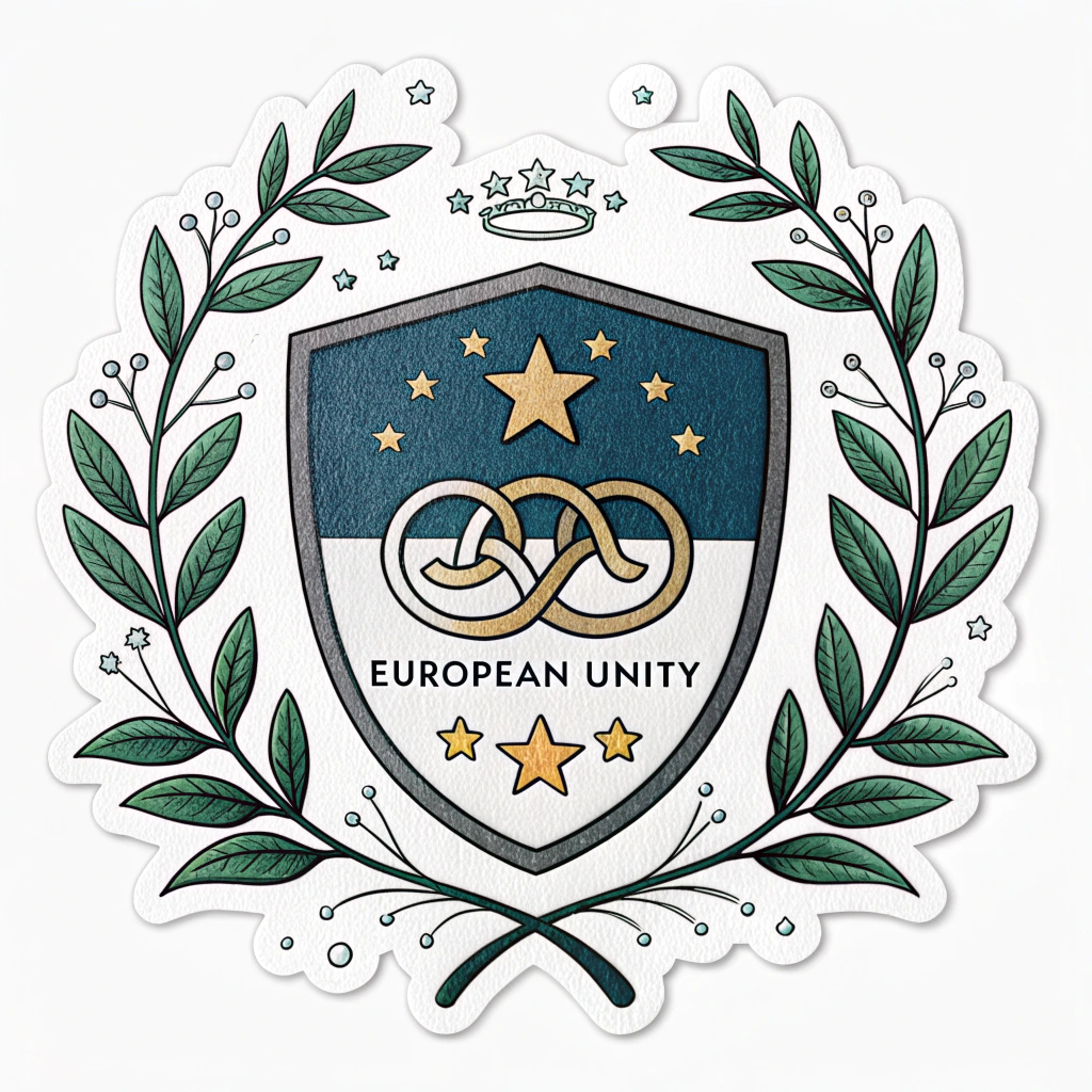 An emblem-style sticker featuring a shield with symbols representing European unity, such as stars or interconnected rings, surrounded by laurel branches and the slogan.