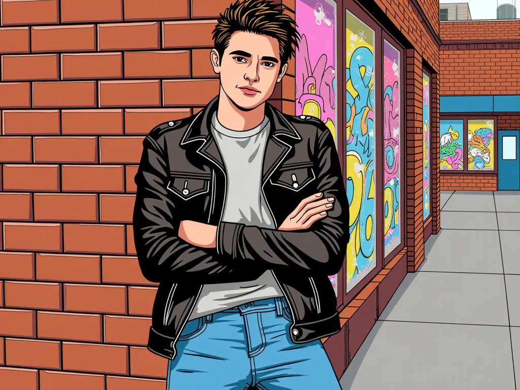 The image is an illustration of a young man standing in front of a brick wall with his arms crossed. He is wearing a black leather jacket, a grey t-shirt, and blue jeans. He has short, spiky hair and is looking directly at the camera with a serious expression on his face. Behind him, there are colorful graffiti-covered walls and a blue door. The overall style of the illustration is cartoon-like.