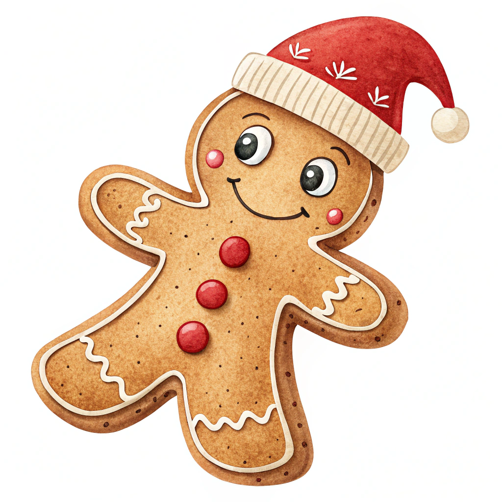 The image shows a gingerbread man wearing a red Santa hat on a white background. The gingerbread is brown in color and has a cheerful expression on its face.