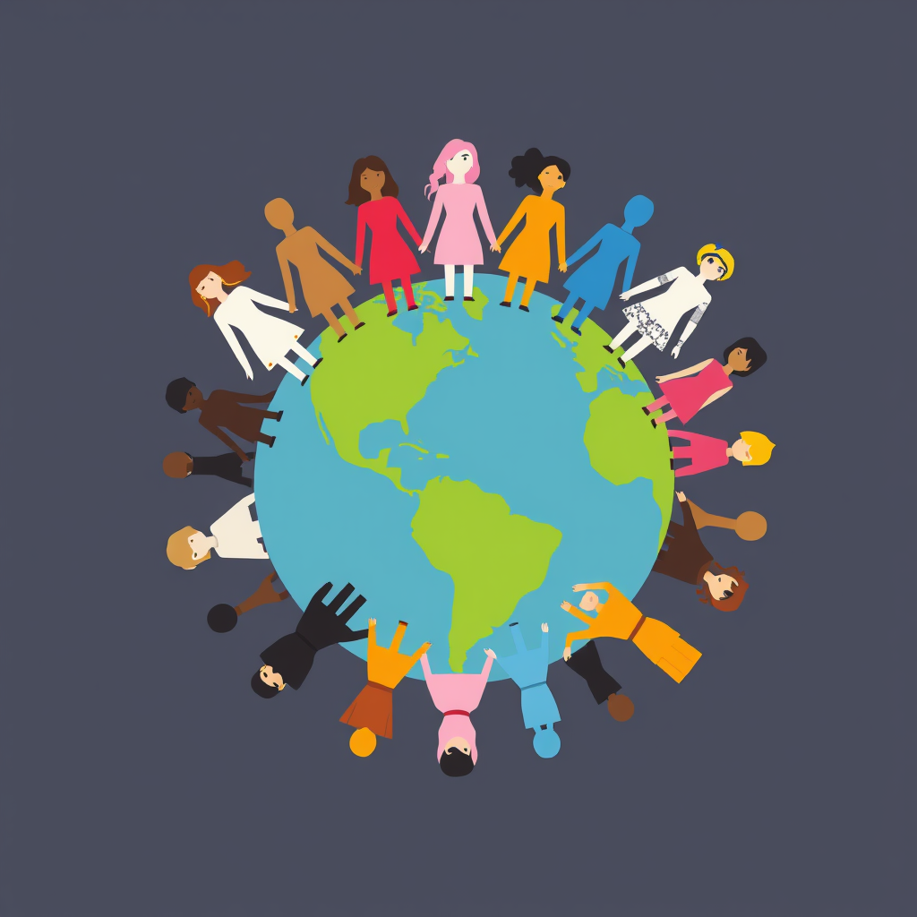 A globe with stylized female figures of diverse ethnicities holding hands around it, symbolizing global unity and empowerment of women.