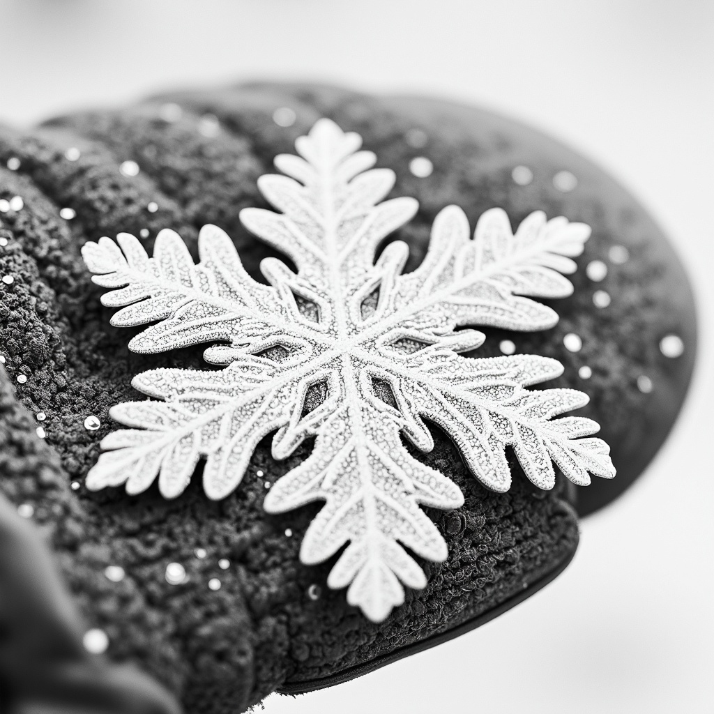 A close-up of a single snowflake resting delicately on a winter mitten. The intricate, crystalline structure glistens in the light, showcasing nature's geometric wonders. The background is softly blurred, drawing focus to the unique beauty of the snowflake.