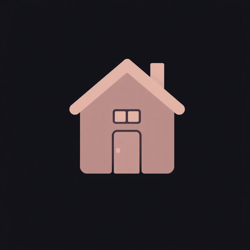 The image is a simple illustration of a small house. The house is pink in color and has a triangular roof with a chimney on top. It has a small window on the front and a door on the right side. The background is black, making the house stand out. The image is square in shape and appears to be a logo or icon.