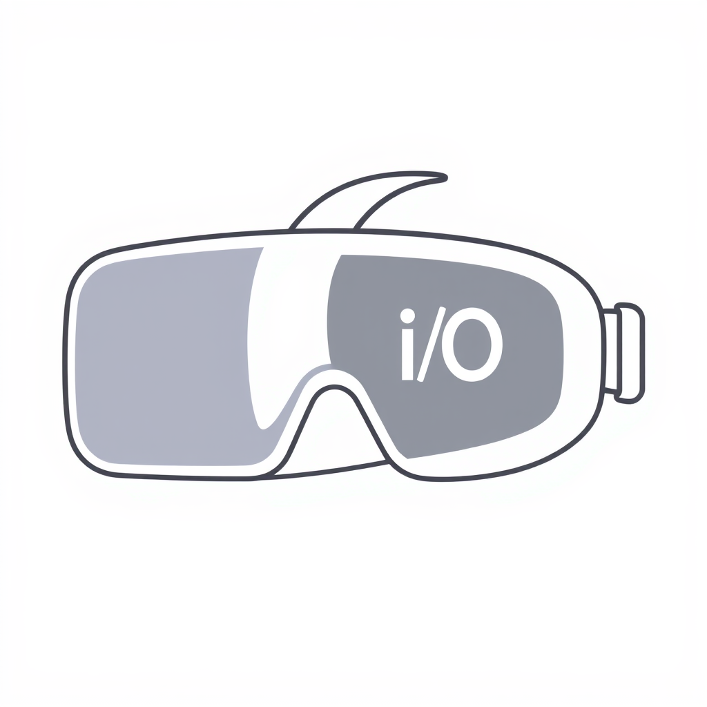 Simple Icon Idea for Google I/O 2025 Immersive Experiences: A minimalist outline of a modern AR/VR headset with the 'I/O' cleverly integrated into the lens reflections or as a subtle design element on the device's frame.