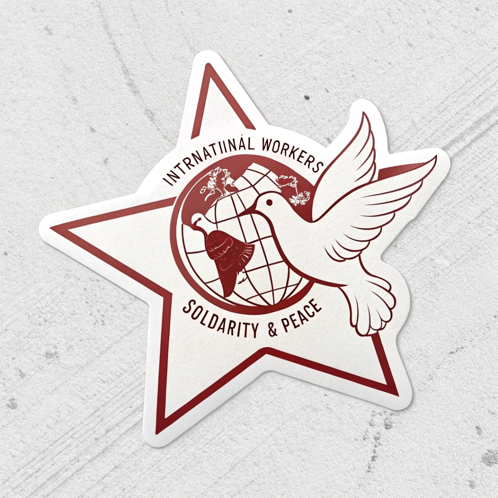 Simple Icon Idea: A minimalist icon sticker featuring a stylized red star (common labor symbol) merged with a subtle outline of a dove or a globe, signifying 'International Workers' Solidarity & Peace'.