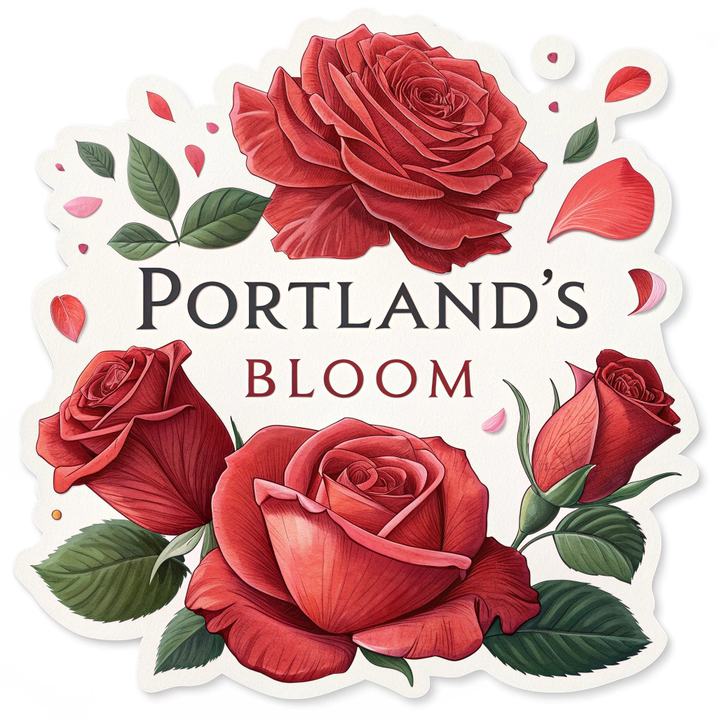 Realistic, detailed rose petals in the foreground with softer, out-of-focus petals cascading behind, creating a sense of depth and abundance. Text: 'Portland's Bloom'.
