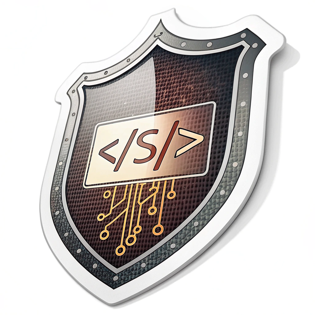 Design a sticker featuring a classic shield silhouette. Emboss or overlay binary code (0s and 1s) or programming syntax like `<S/>` directly onto the shield’s surface, signifying embedded security. Use a metallic finish for the shield and a contrasting, glowing color for the code.