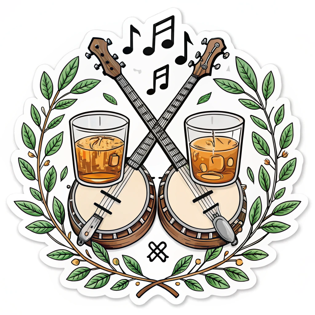 An emblem with crossed bourbon glasses and banjo silhouettes, framed by a decorative border of bluegrass leaves and musical notes.