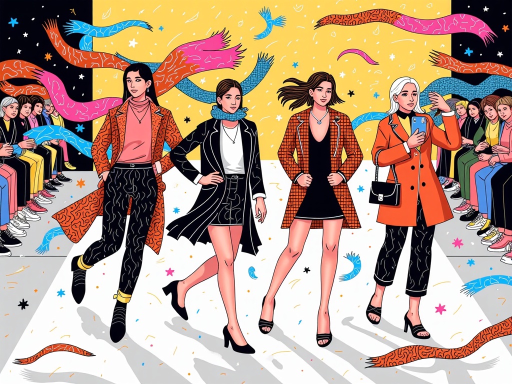 Kinetic Textures & Moving Accessories: Dynamic illustrations capturing the movement and energy of NYFW accessories and their textures on the runway, such as flowing scarves, swinging tassels, or light play on metallic/sequined surfaces, depicted with energetic lines and rich textures.