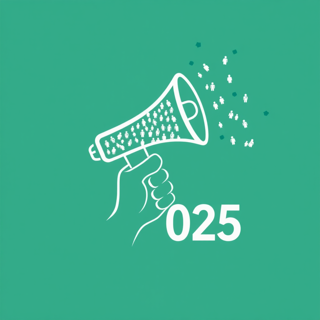 Sub-design Idea 4: A stylized hand, representing the people, holds a megaphone aloft. Abstract sound waves emanate, composed of tiny, simplified people figures or dots, visually representing the collective 'voice'. '2025' is prominently featured.