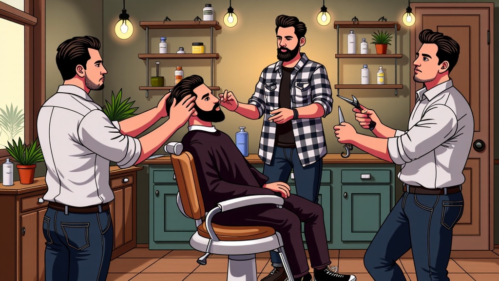  a barber shop with four men in it. The barber is sitting in a chair with his back to the camera, while the other three men are standing around him, one of them is holding a pair of scissors and the other two are cutting the man's hair. The man sitting in the chair has a beard and is wearing a black and white checkered shirt. The two men standing next to him are wearing white shirts and jeans. The room is decorated with plants and shelves with hair products on them. The walls are painted in a light green color and there is a window on the left side of the image.