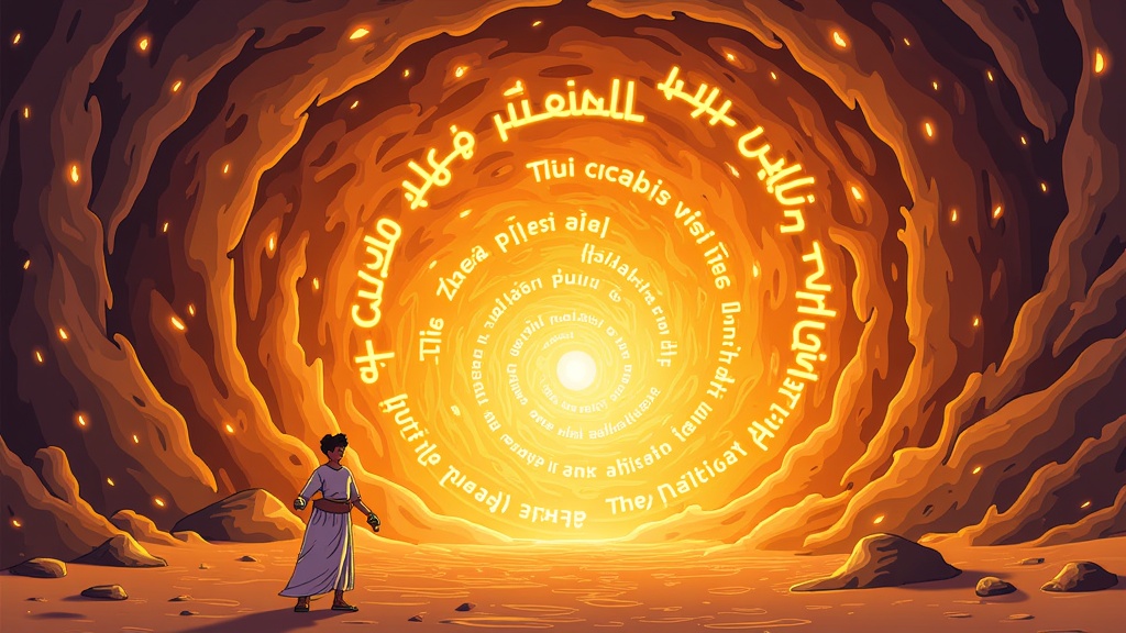 The Cave of Wonders depicted not as a physical structure, but as a swirling vortex of shimmering sand and magical energy that has materialized in the desolate desert. Faint, glowing Arabic script or ancient symbols circle the portal as Aladdin, perhaps holding a simple lamp, cautiously approaches this otherworldly anomaly.