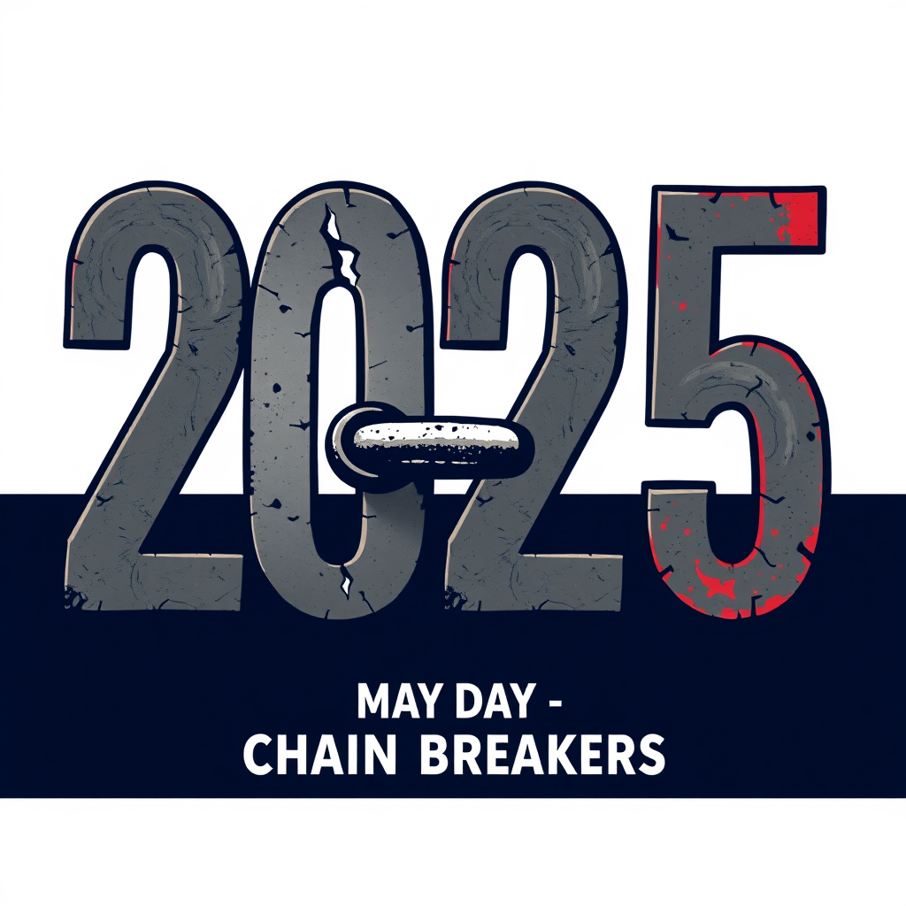 Chronological Break ('2025' Focus): Logo where the year '2025' is prominent, with one of the numerals (e.g., '0' or '2') composed of a broken chain link, or a chain visibly breaking through the numbers. Use strong, industrial colors. 'May Day' and 'Chain Breakers' integrated with the year.