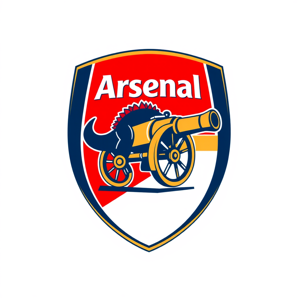 Simple Logo Idea: A shield featuring the iconic Arsenal cannon, with a stylized Goonersaurus silhouette subtly emerging from behind or above the cannon, maintaining the classic red and white color scheme with gold accents.
