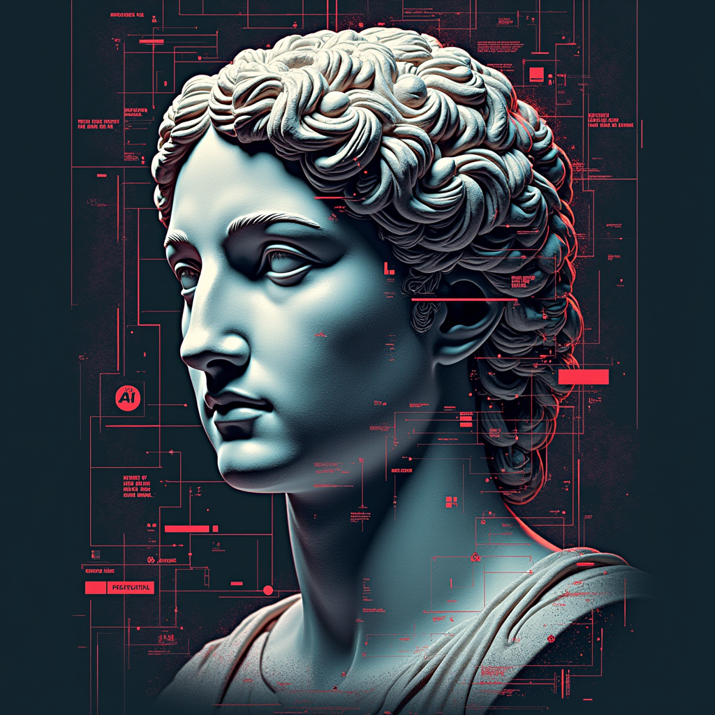 T-Shirt Design Idea 4 (Digital Muse): A design showing a classic muse sculpture or portrait (e.g., Greek statue head) but with parts of it glitching, or overlaid with futuristic HUD elements and generative art patterns. This represents AI as the new muse. Taglines Frame the artwork.