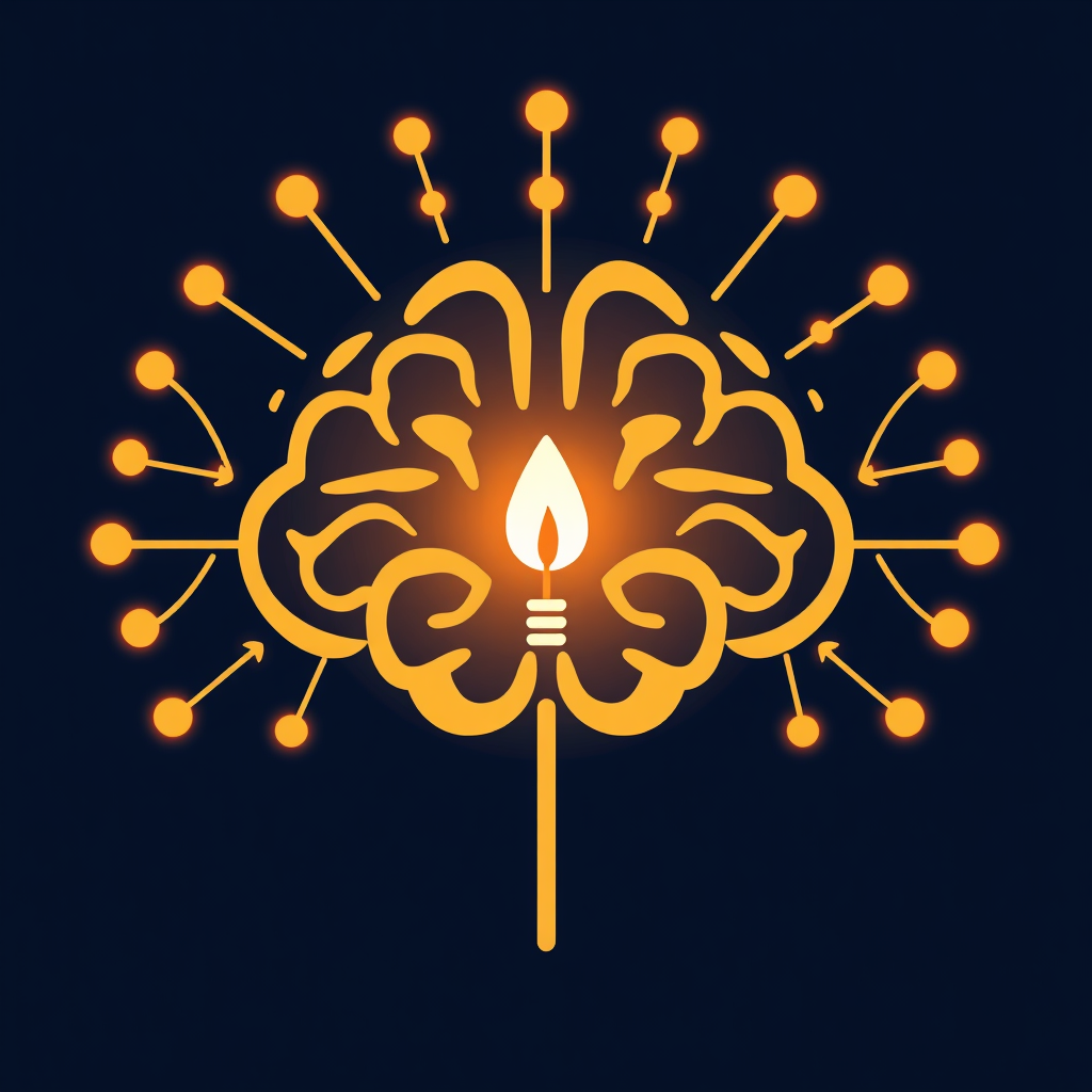 Neural Ignition: A stylized brain or neural network icon where connection points light up, culminating in a central, bright spark that expands into a simple creation symbol (like a lightbulb or a new leaf).