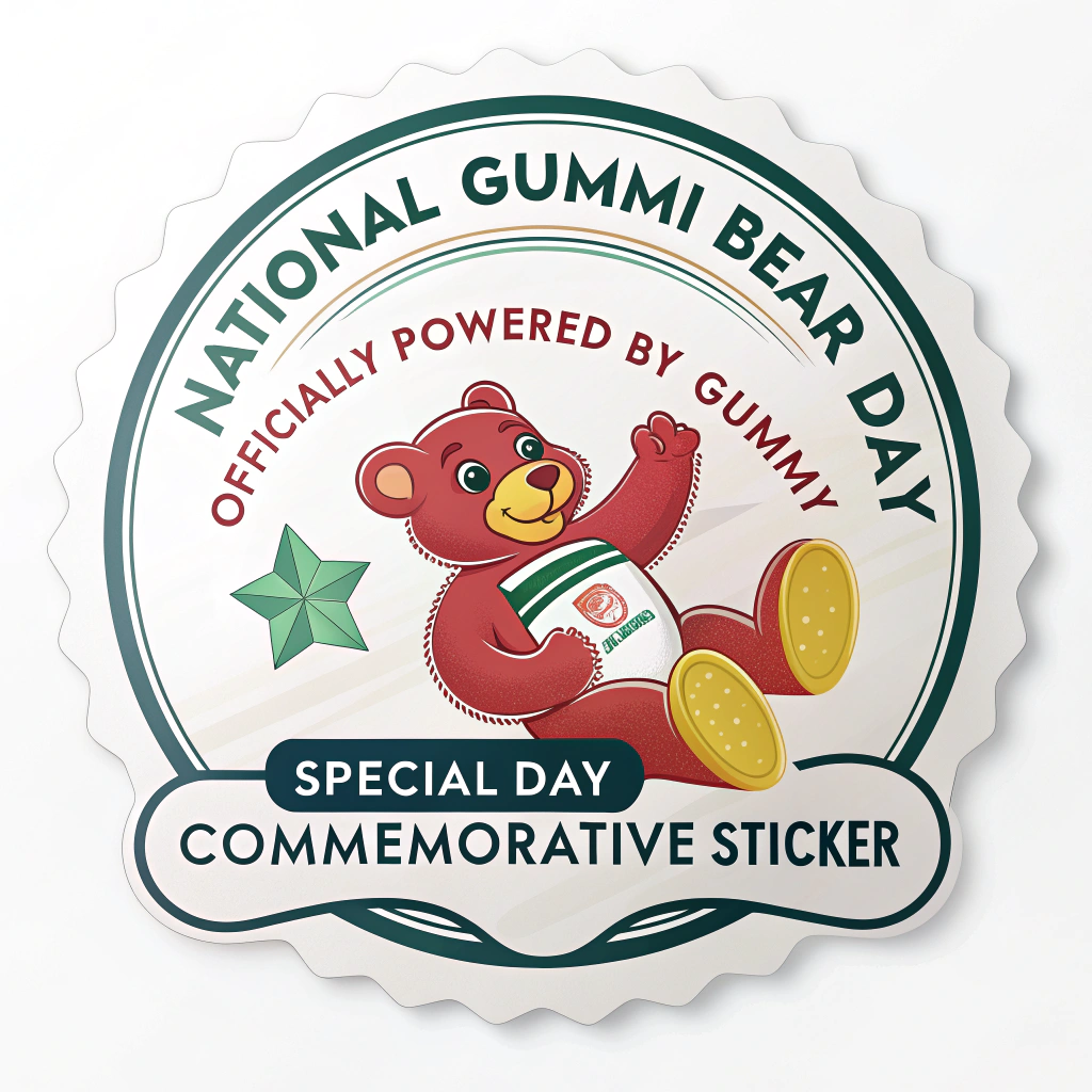Sticker Design 4: 'Official Powered-By Seal'. A sticker resembling a retro approval stamp or official product seal. It features a central classic gummi bear, with circular text: 'National Gummi Bear Day - Officially Powered by Gummi Bears'. Sub-text: 'Special Day Commemorative Sticker'.