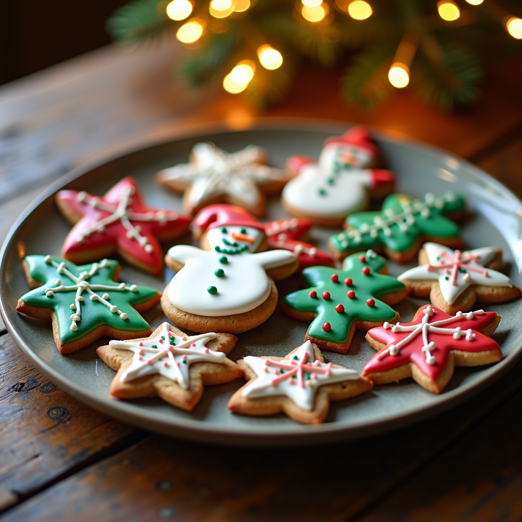  a plate of decorated Christmas cookies on a wooden table. The cookies are in the shape of snowmen, stars, and Christmas trees. The plate is round and has a silver rim. The background is blurred, but it appears to be a Christmas tree with lights. The overall color scheme of the cookies is red, green, and white.